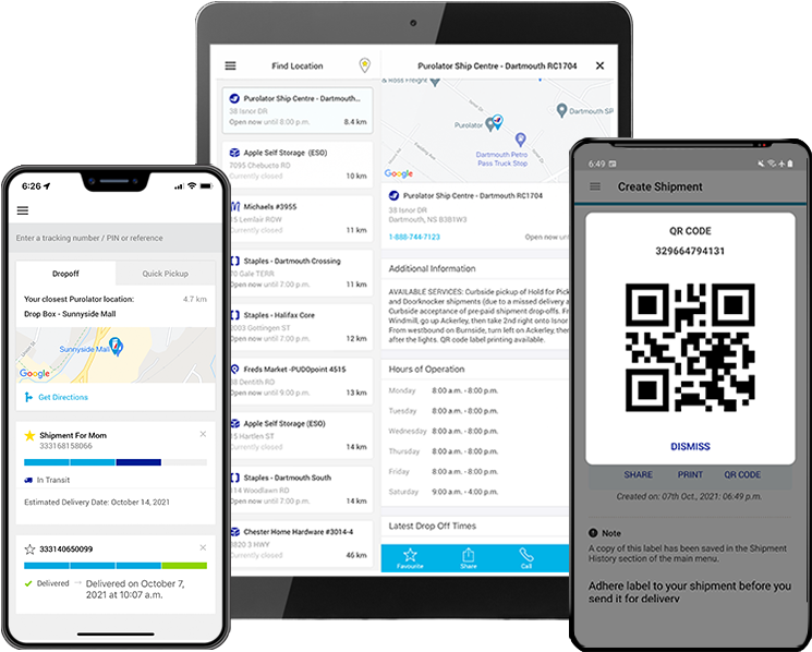 Euromove Mobile App screenshots displaying the app’s tracking, find location and QR Code screens.